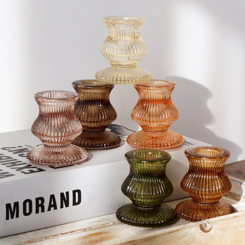 WDHODEC Taper Candle Holders 12PCS Glass Candlestick Holders for Table Centerpiece Vintage Colorful Candle Sticks for Wedding  Party and Festival Decoration(Brown) - Image 1